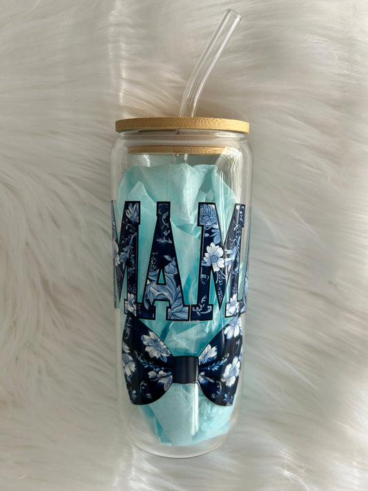 Mama Blue Floral Bow - Glass